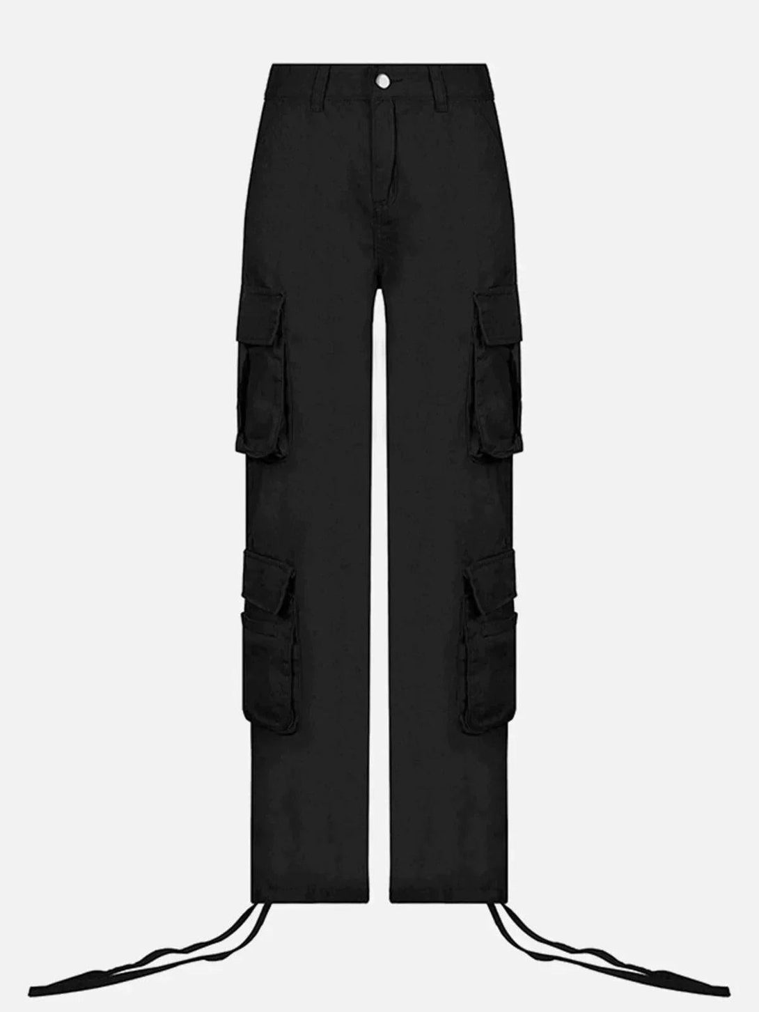 Front view of black cargo pants by TALISHKO, featuring long ribbons for an urban vibe.