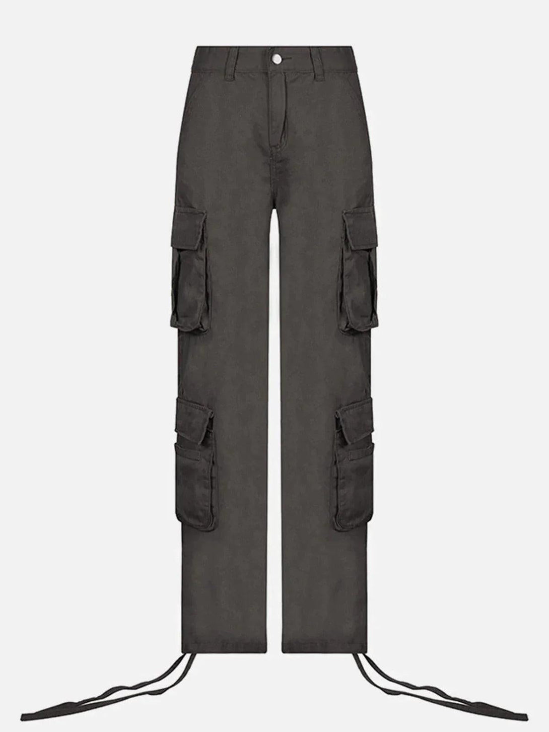 Front view of gray cargo pants with long ribbons by TALISHKO, enhancing a modern urban look.