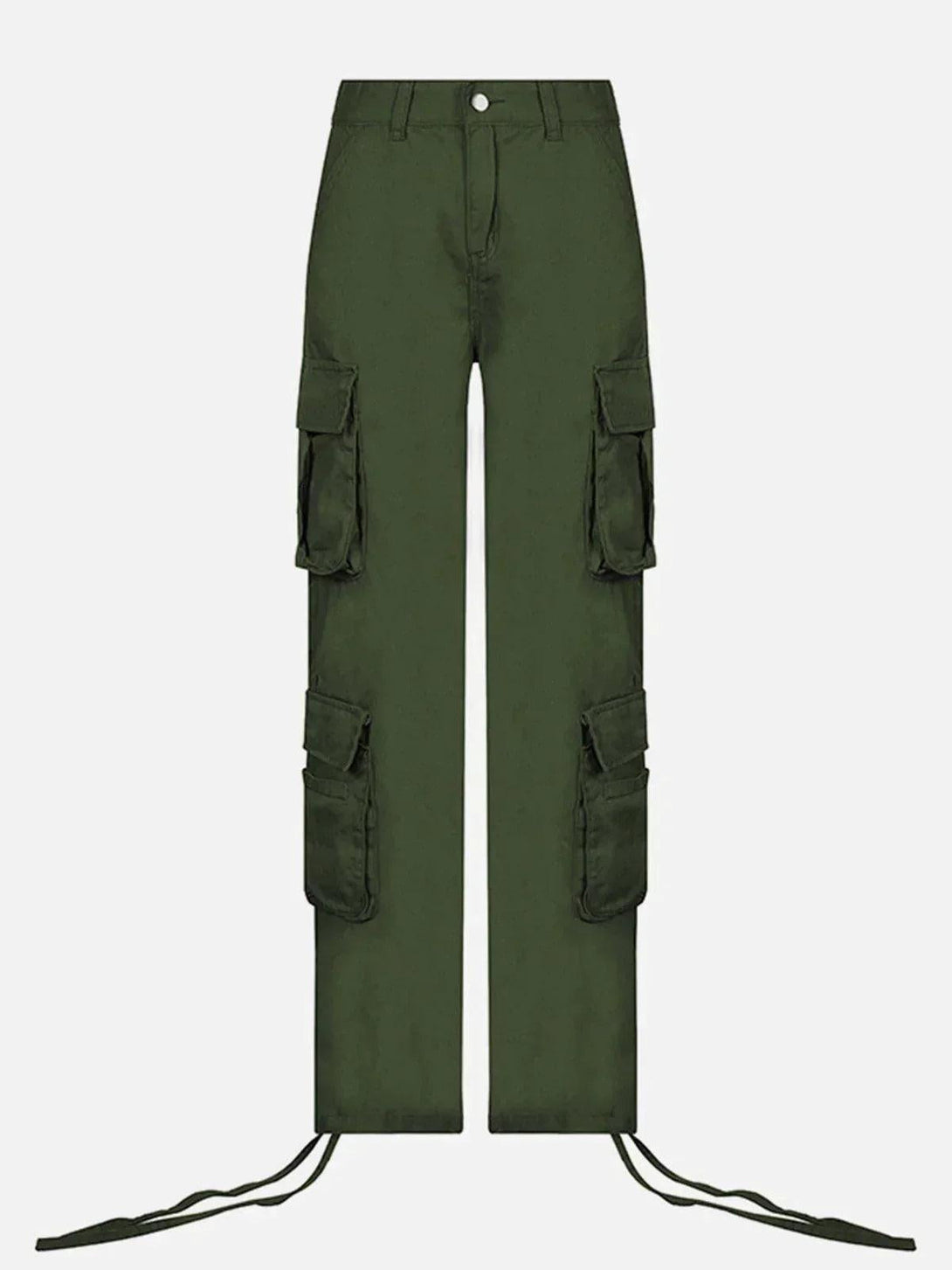 Front view of green cargo pants with long ribbons by TALISHKO, highlighting urban style.
