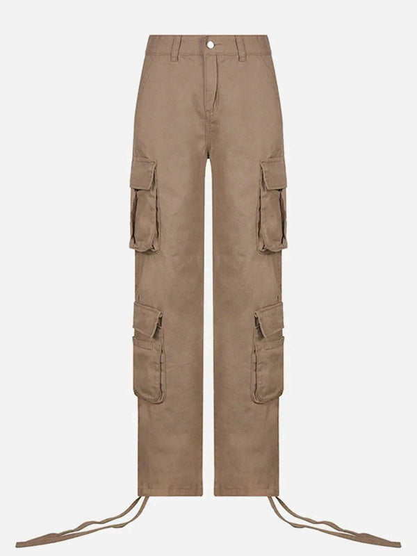 Front view of khaki cargo pants with long ribbons, showcasing urban style by TALISHKO.
