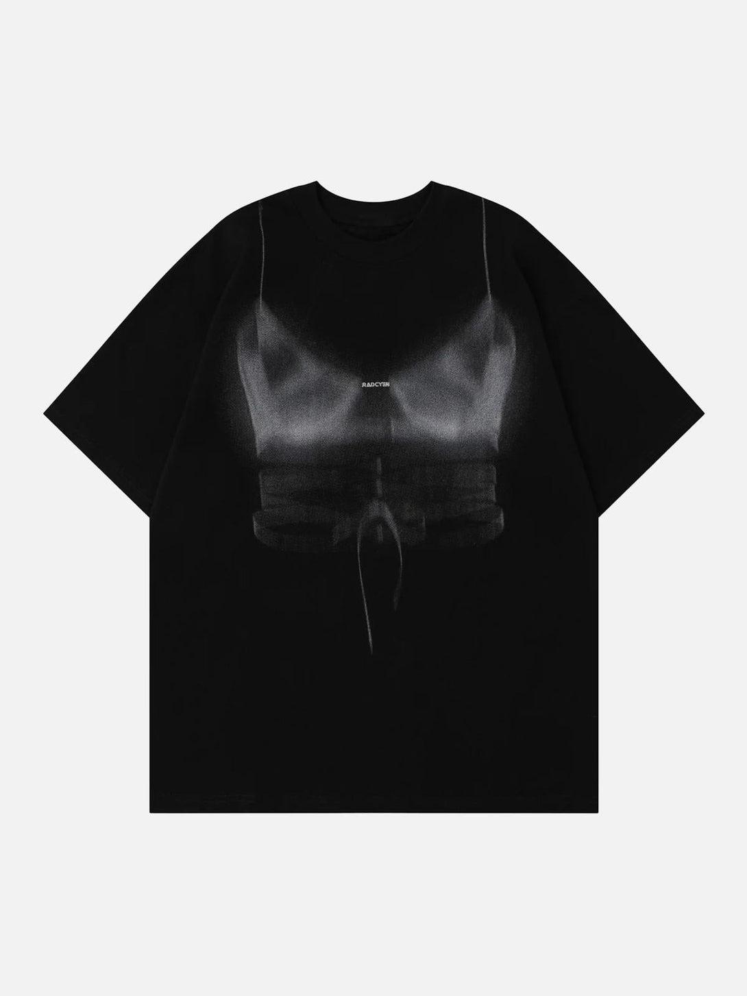 Front view of a loose black t-shirt by TALISHKO with a unique print, perfect for casual style.