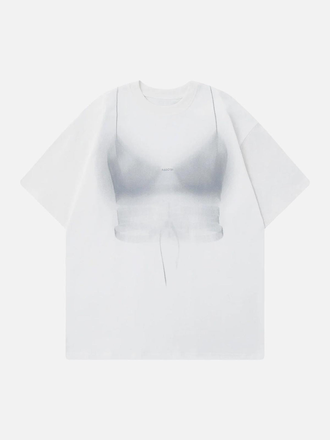 Front view of a loose white t-shirt by TALISHKO featuring a playful printed design.