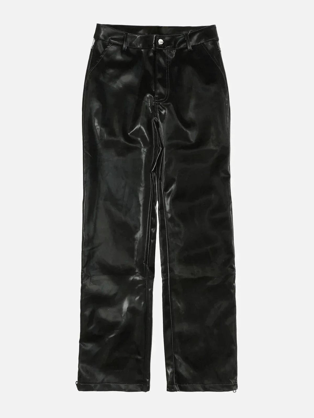 Front view of black loose-fit pants by TALISHKO, showcasing sleek street style.