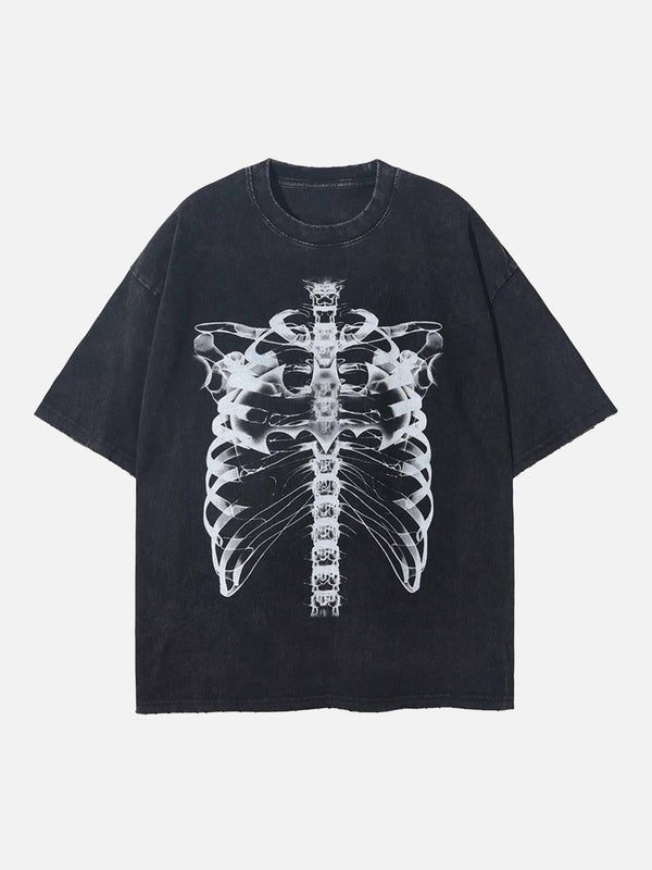 Front view of a black washed T-shirt featuring a ribcage print by TALISHKO, ideal for casual style.