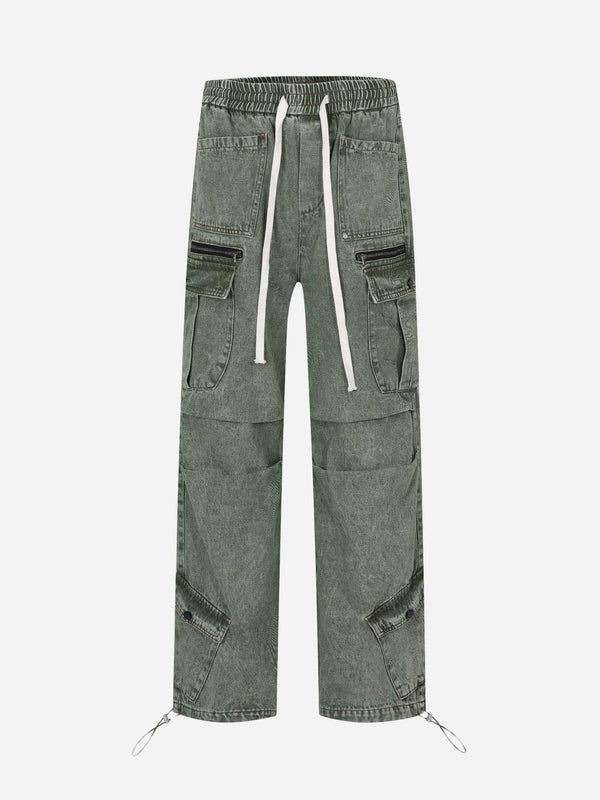 Front view of green loose straight casual work pants by TALISHKO, featuring drawstring waist.