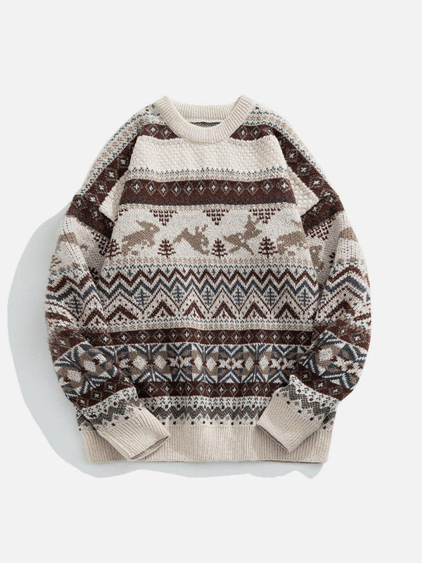 Cozy beige loose vintage sweater with intricate patterns, front view by TALISHKO.