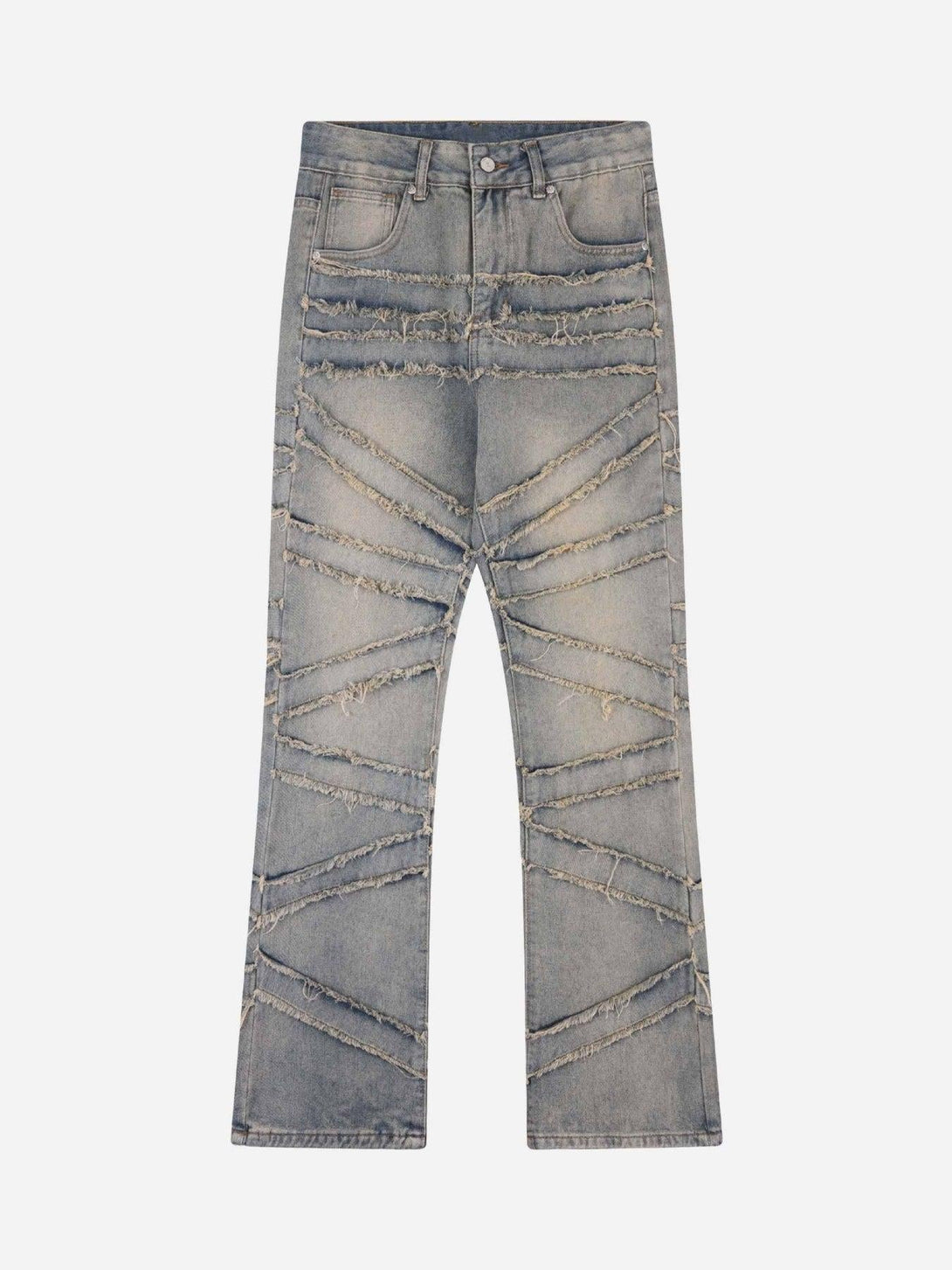 Front view of gray loose wide-leg jeans with frayed details, by TALISHKO, adding edgy flair.