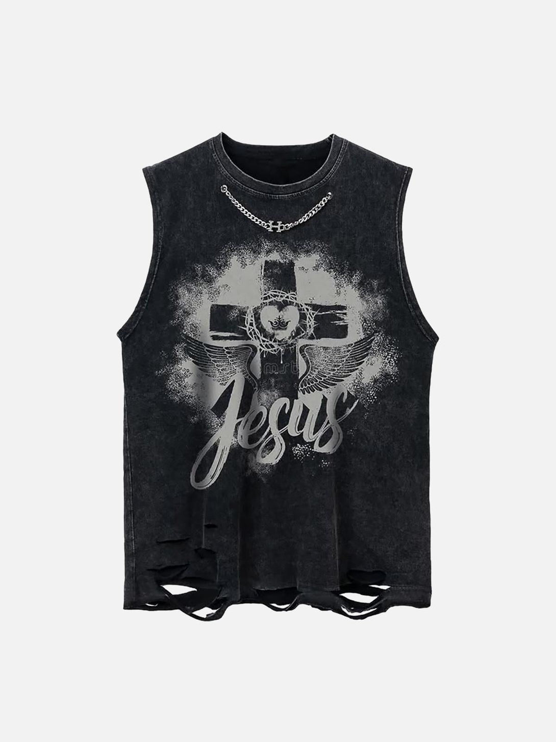 Front view of black sleeveless vest by TALISHKO featuring a cross and "Jesus" graphic design.