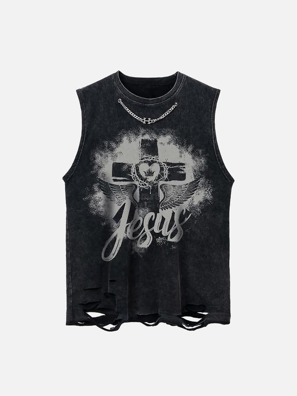 Front view of black sleeveless vest by TALISHKO featuring a cross and "Jesus" graphic design.