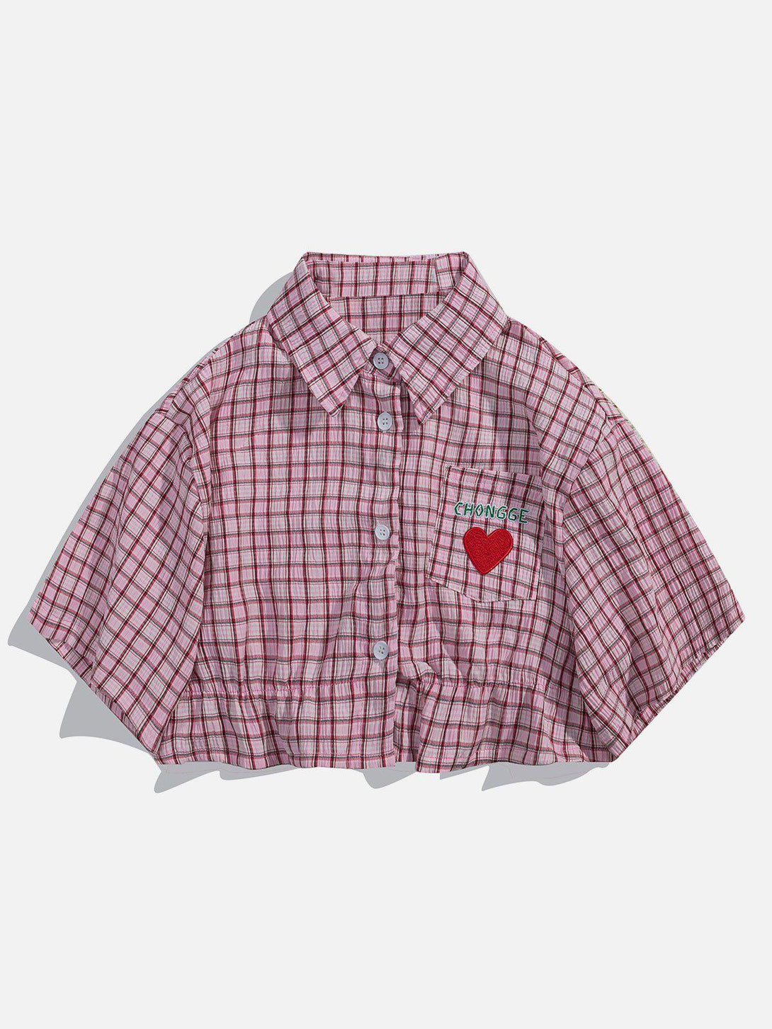 Front view of TALISHKO pink plaid tee with heart embroidery, perfect for a playful summer vibe.