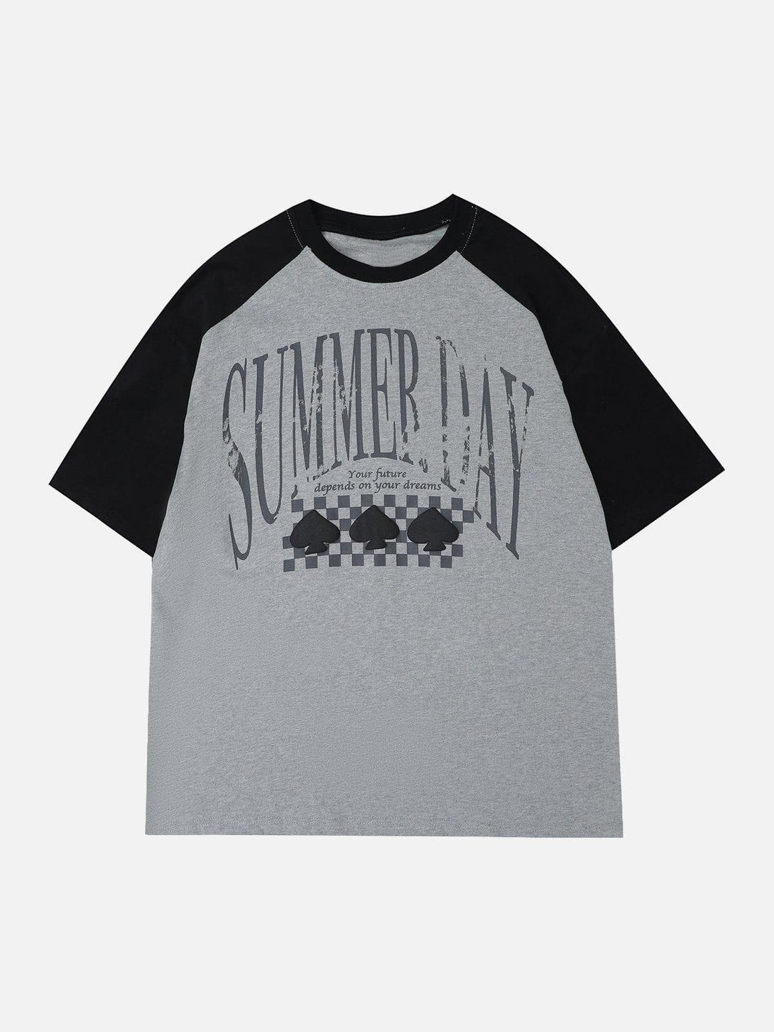 Gray patchwork tee by TALISHKO featuring "Summer Day" print, heart accents, front view.