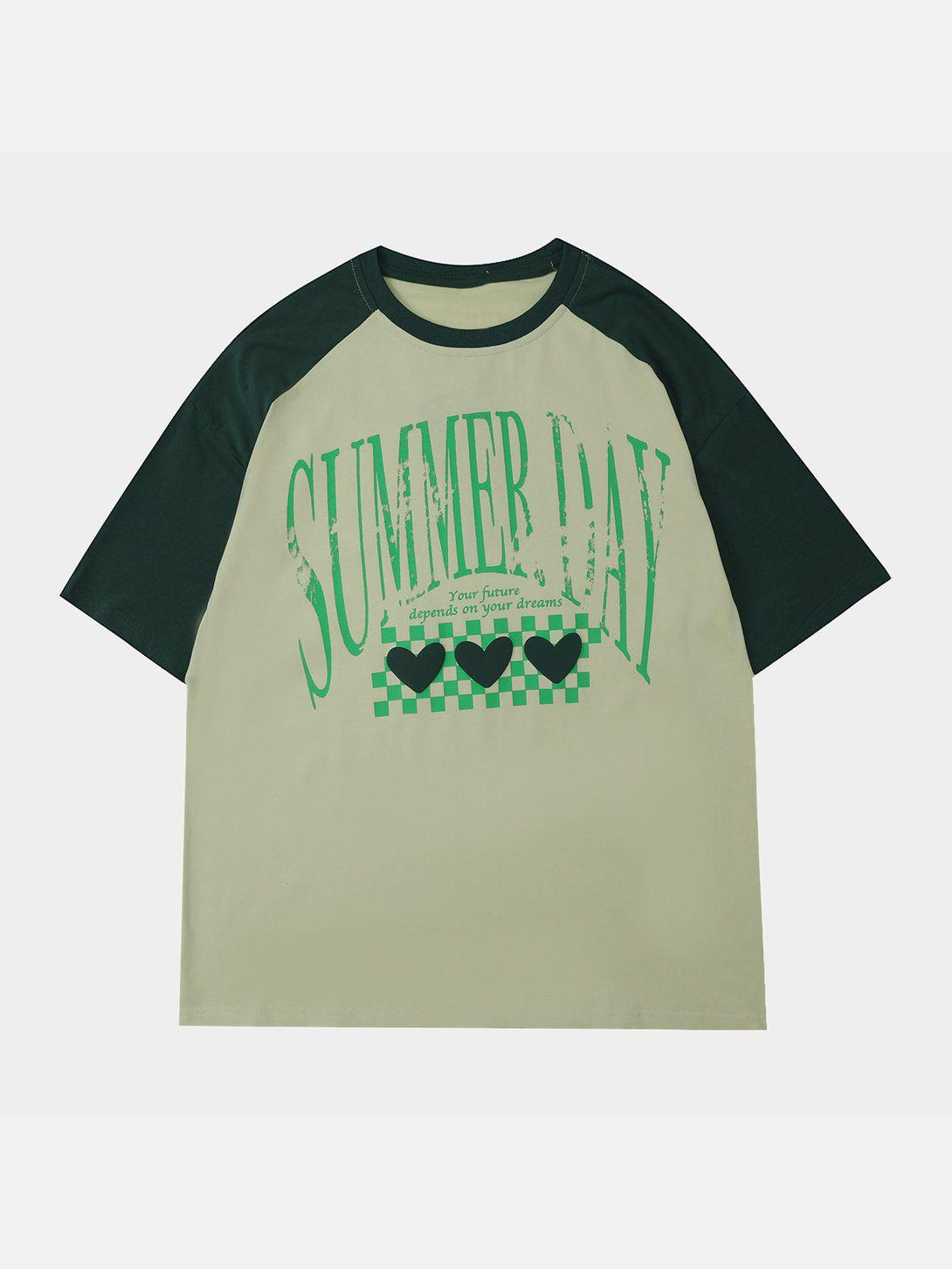Green patchwork tee by TALISHKO with "Summer Day" print and heart details, front view.