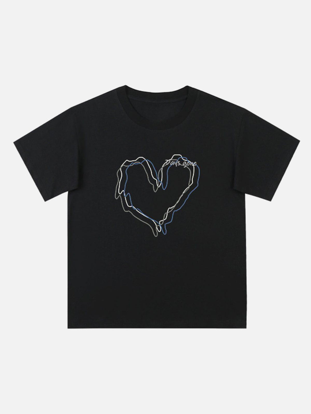 Front view of a black tee featuring a heart line design by TALISHKO, ideal for warm days.
