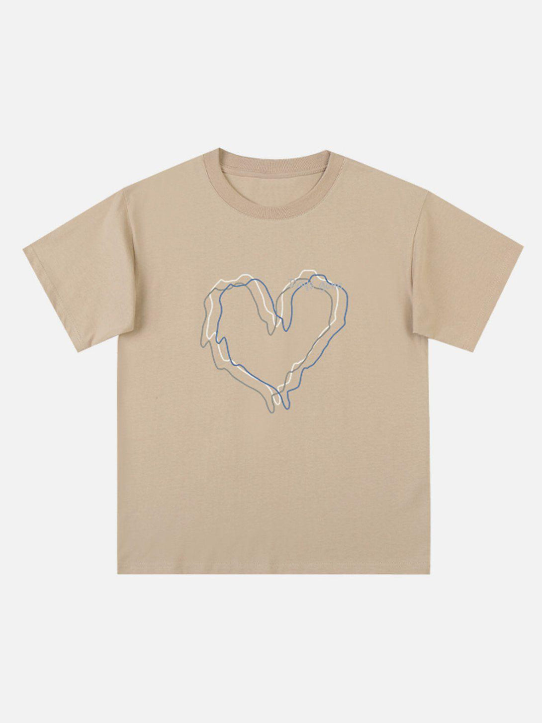 Front view of a khaki tee with a heart line design by TALISHKO, perfect for casual wear.