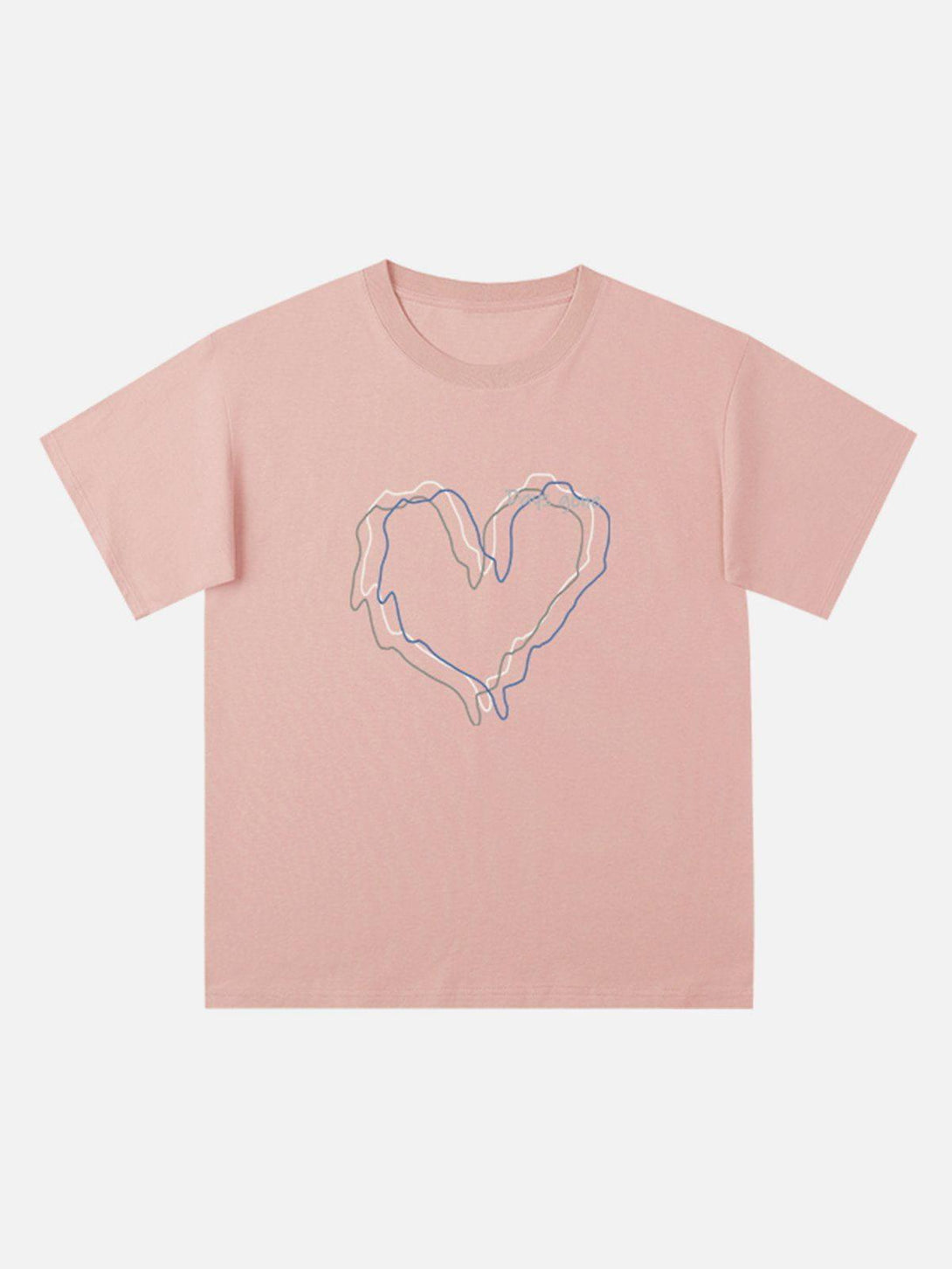 Front view of a pink tee with a heart line design by TALISHKO, adding a playful touch.