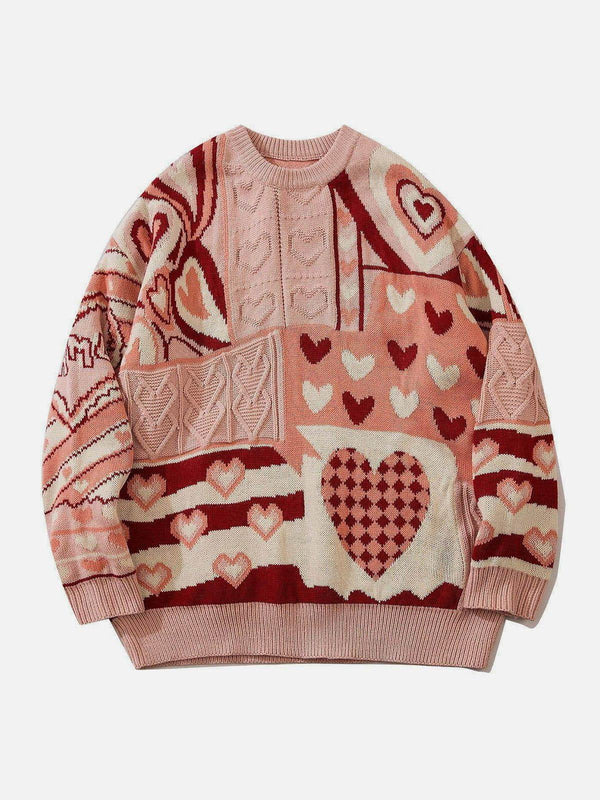 A pink knit sweater with heart patterns by TALISHKO, showcasing a unique streetwear vibe.
