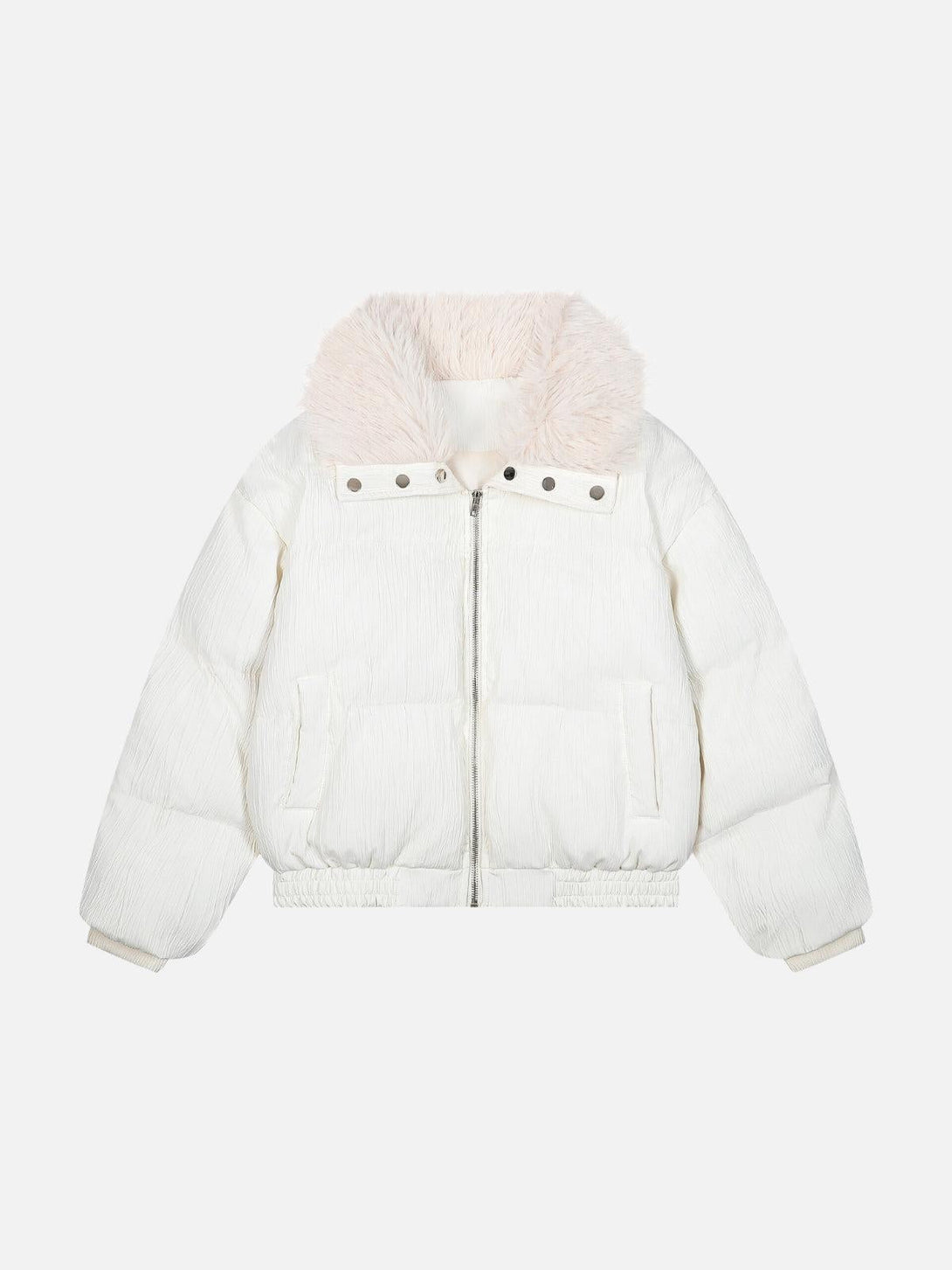 Front view of a white puffer coat with a luxe collar by TALISHKO, perfect for urban style.