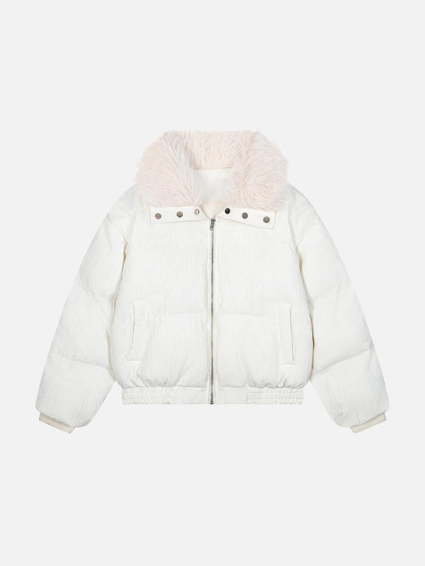 Front view of a white puffer coat with a luxe collar by TALISHKO, perfect for urban style.