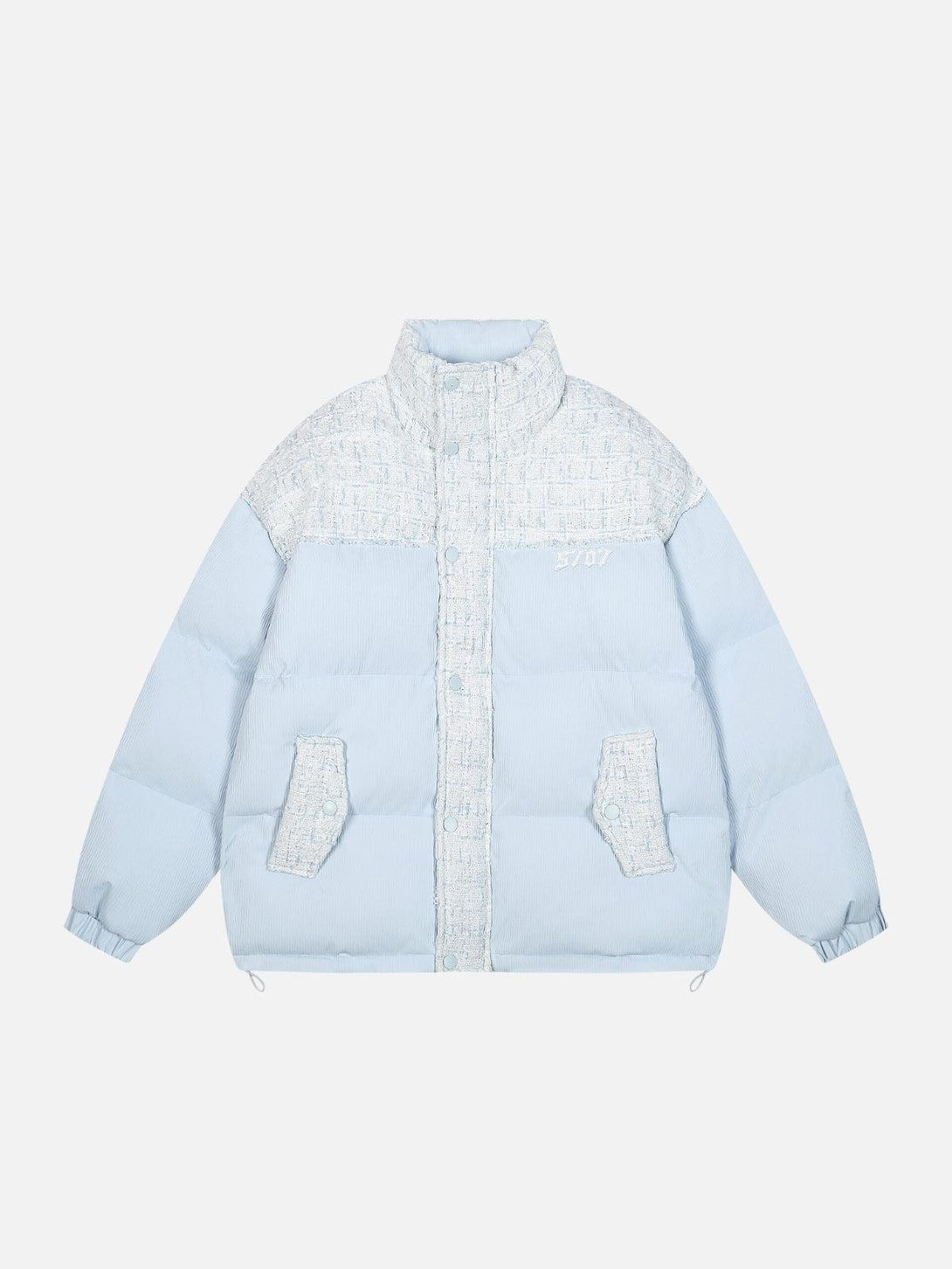 Front view of a blue quilted lapel coat by TALISHKO, blending comfort with urban style.