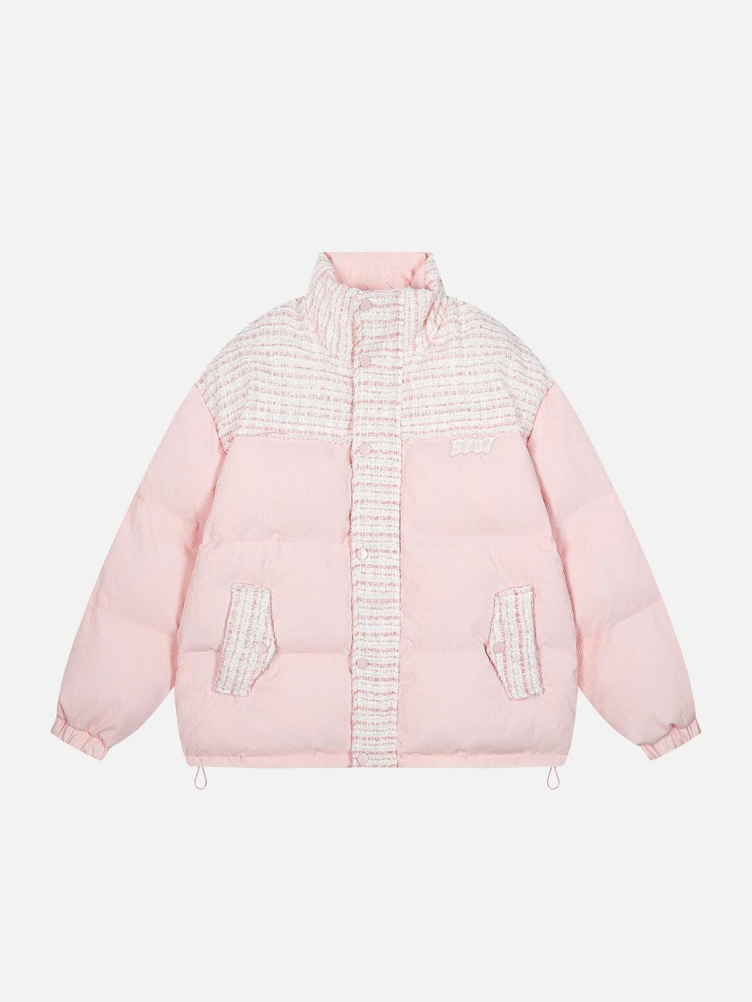 Front view of a pink quilted lapel coat by TALISHKO, featuring a stylish streetwear design.