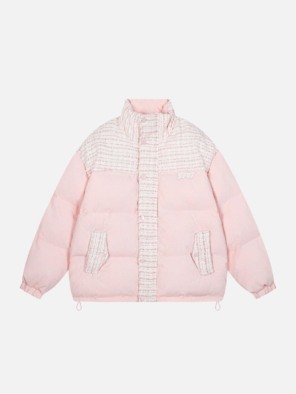 Front view of a pink quilted lapel coat by TALISHKO, featuring a stylish streetwear design.