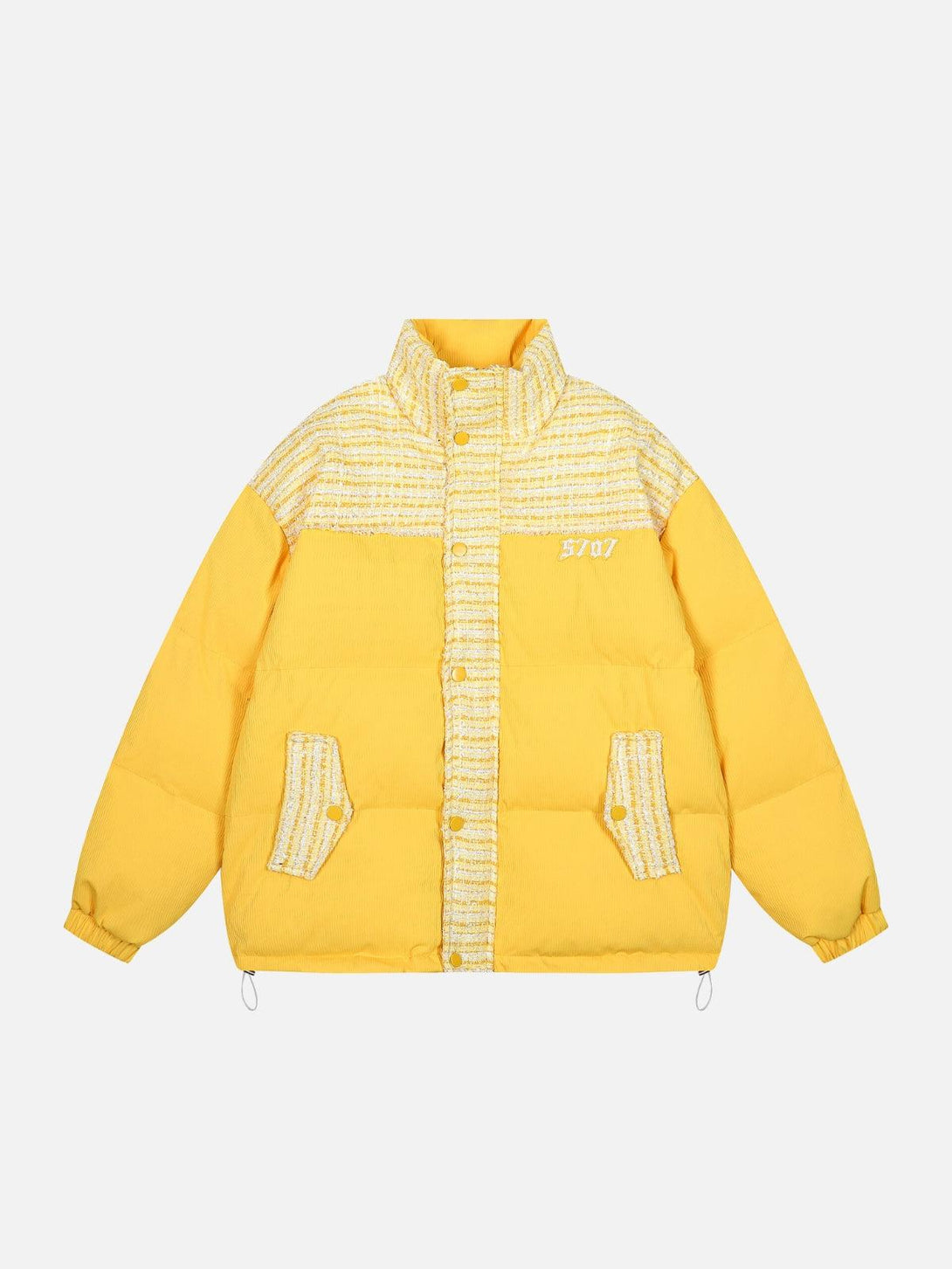 Front view of a yellow quilted lapel coat by TALISHKO, blending warmth with urban flair.