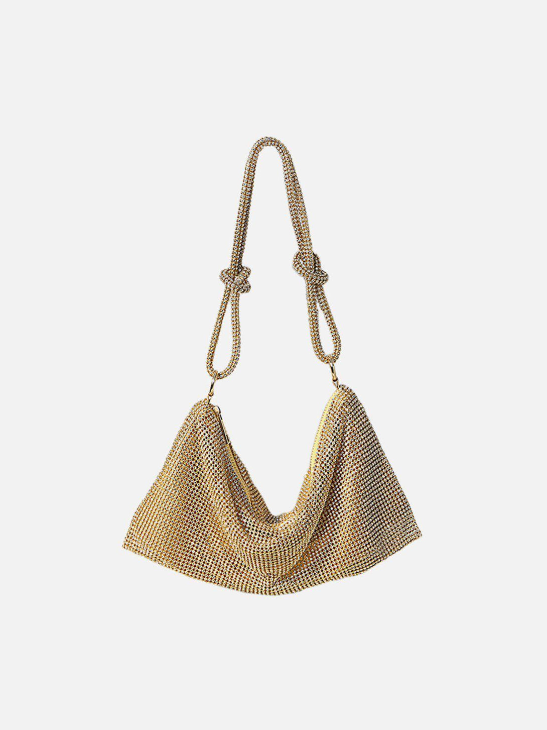 TALISHKO luxury gold bag, front view, highlighting its sparkling, draped design.