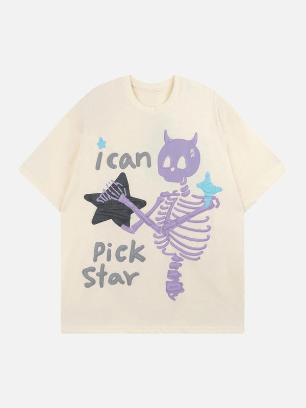 Front view of a beige T-shirt by TALISHKO featuring a playful skeleton and star graphic design.