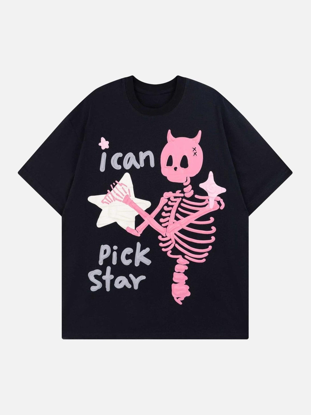 Front view of a black T-shirt by TALISHKO with a whimsical skeleton and star graphic.