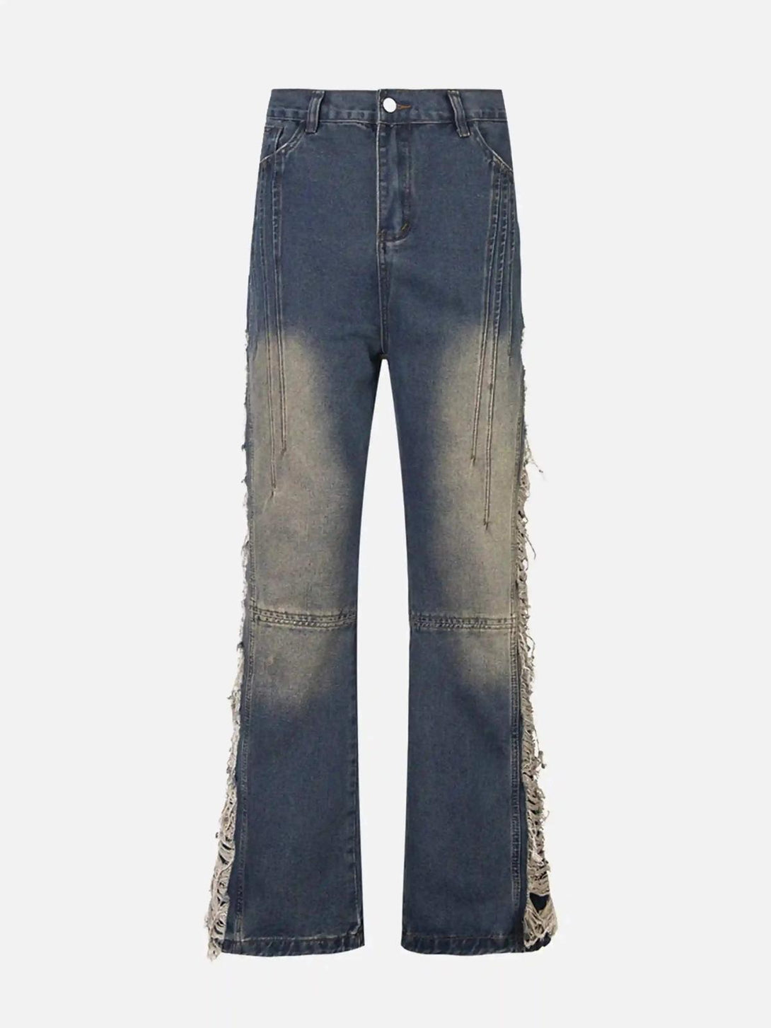 Front view of blue TALISHKO ripped jeans featuring unique side fraying for a trendy look.
