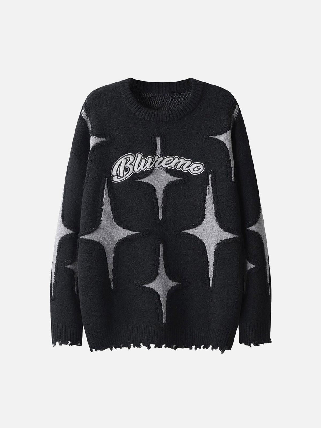Front view of a black sweater with star patterns and "Blurremo" logo by TALISHKO.