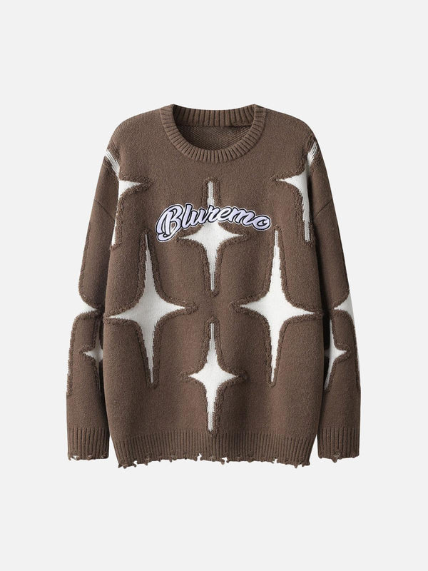 Brown sweater featuring star patterns and a "Blurremo" logo by TALISHKO, front view.