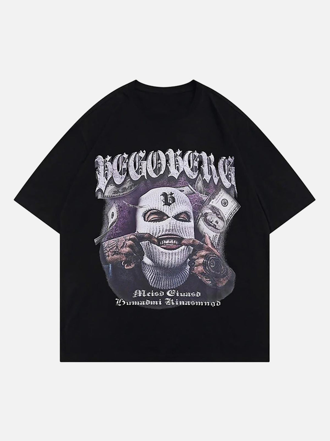Black t-shirt featuring a masked gangster portrait design by TALISHKO, front view.