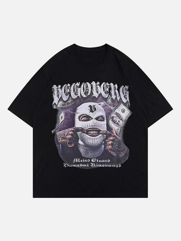 Black t-shirt featuring a masked gangster portrait design by TALISHKO, front view.
