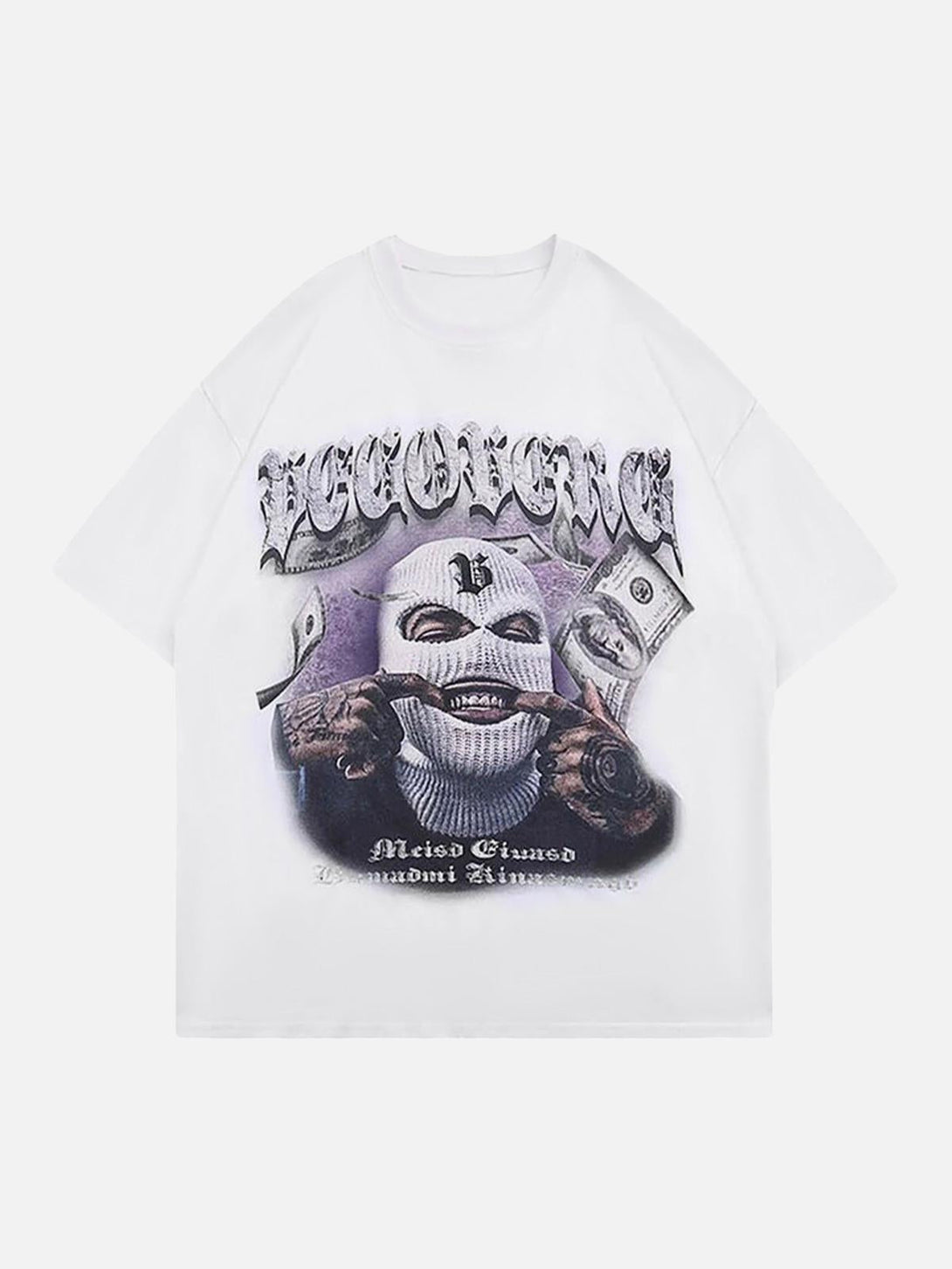 Front view of a white T-shirt with a masked gangster print by TALISHKO, perfect for edgy style.