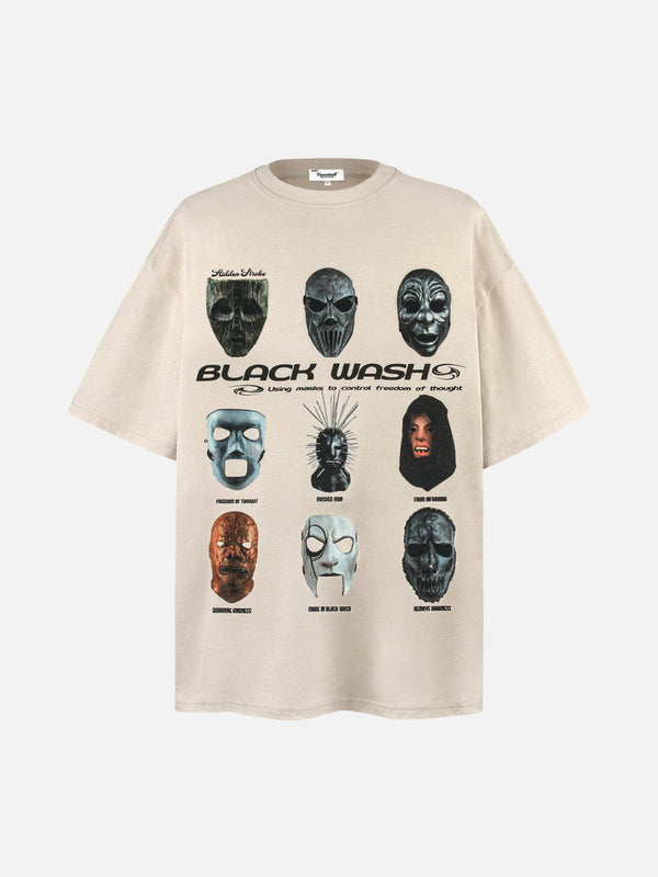 Front view of apricot graphic tee featuring iconic masked faces by TALISHKO.
