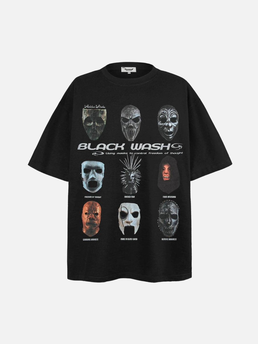 Front view of black graphic tee with iconic masked faces, designed by TALISHKO.