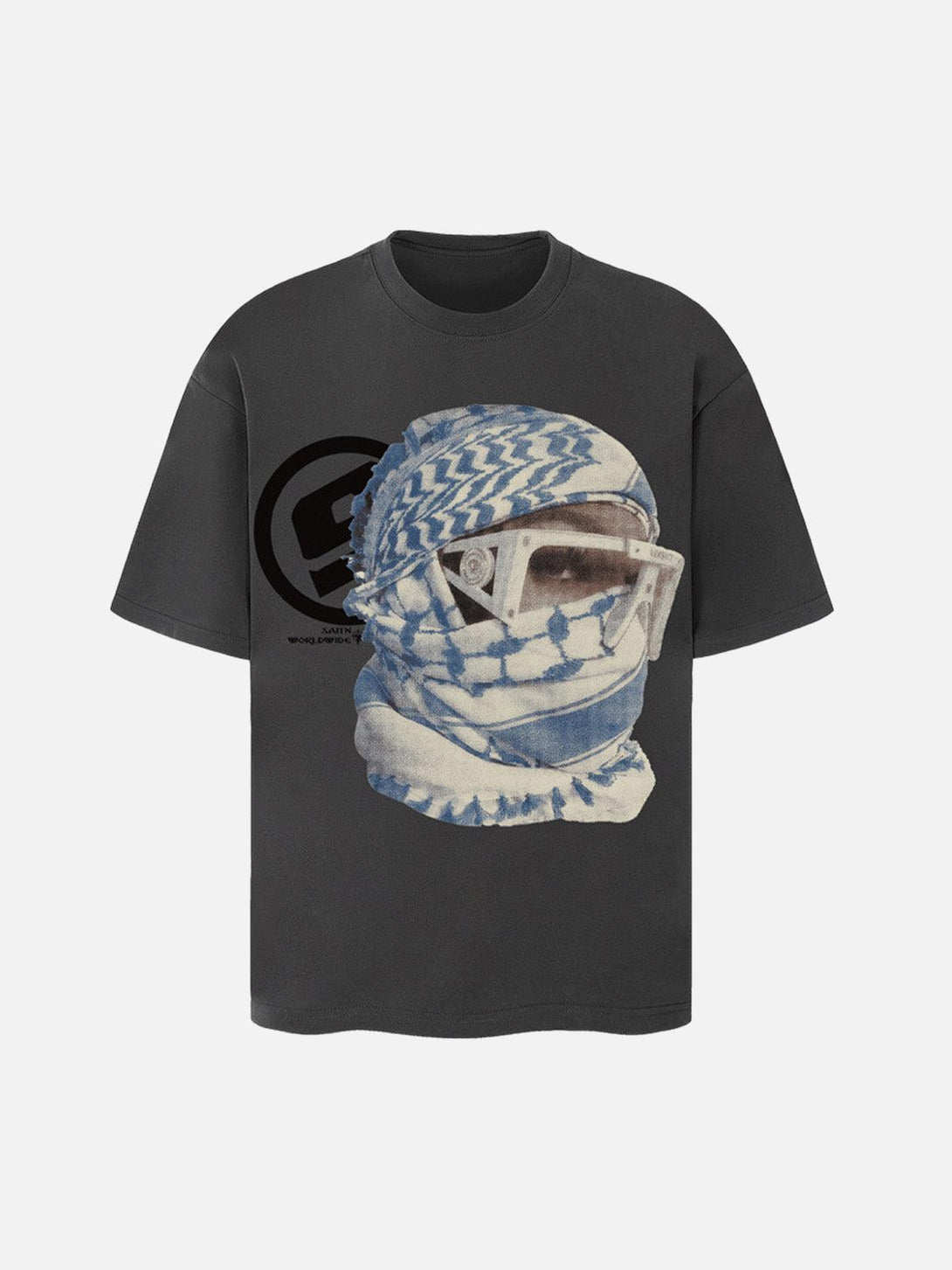 Front view of dark gray graphic T-shirt with masked portrait by TALISHKO.