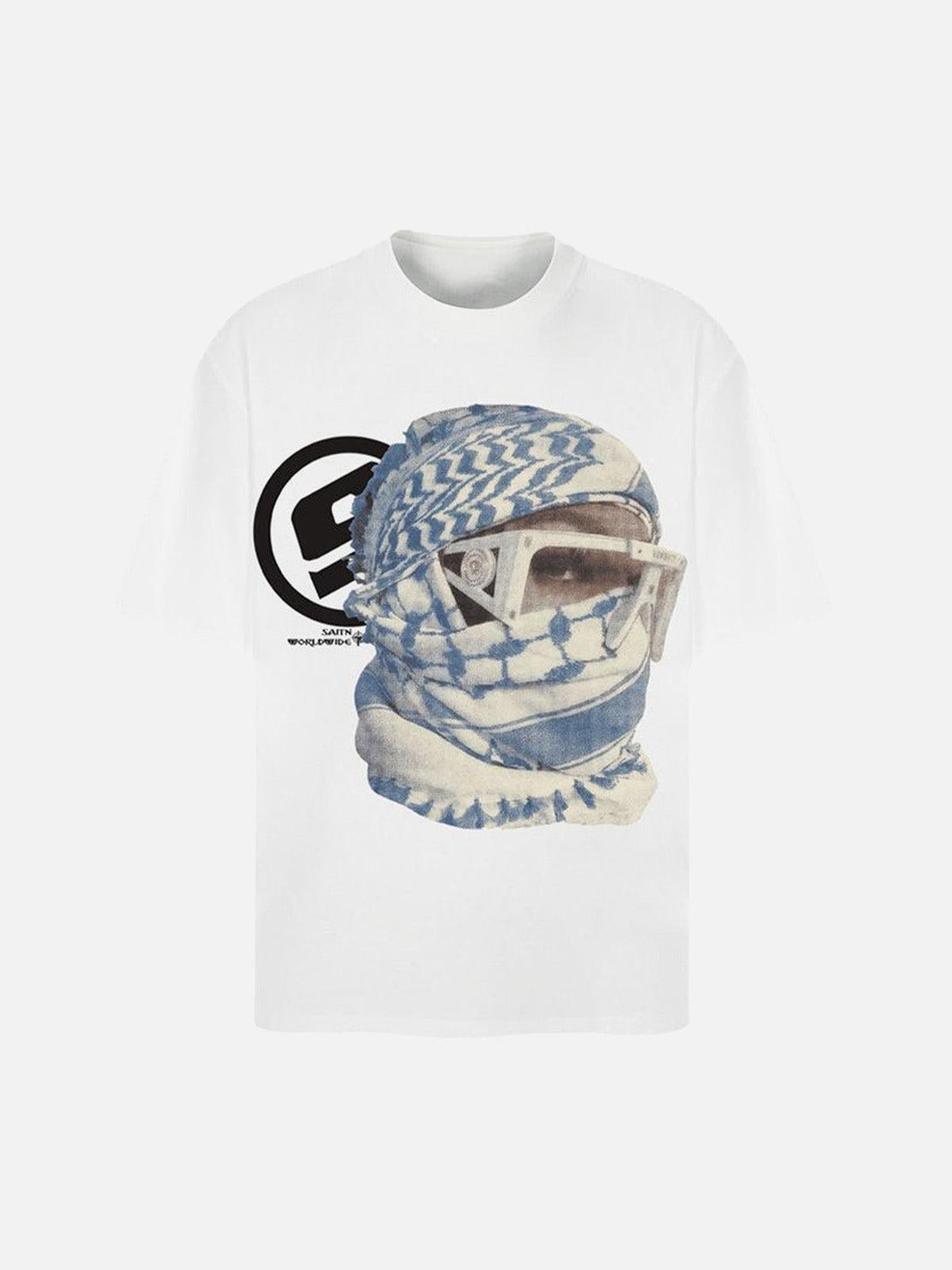 Front view of a white T-shirt featuring a masked portrait graphic by TALISHKO.
