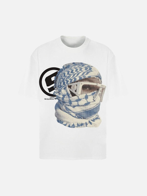 Front view of a white T-shirt featuring a masked portrait graphic by TALISHKO.