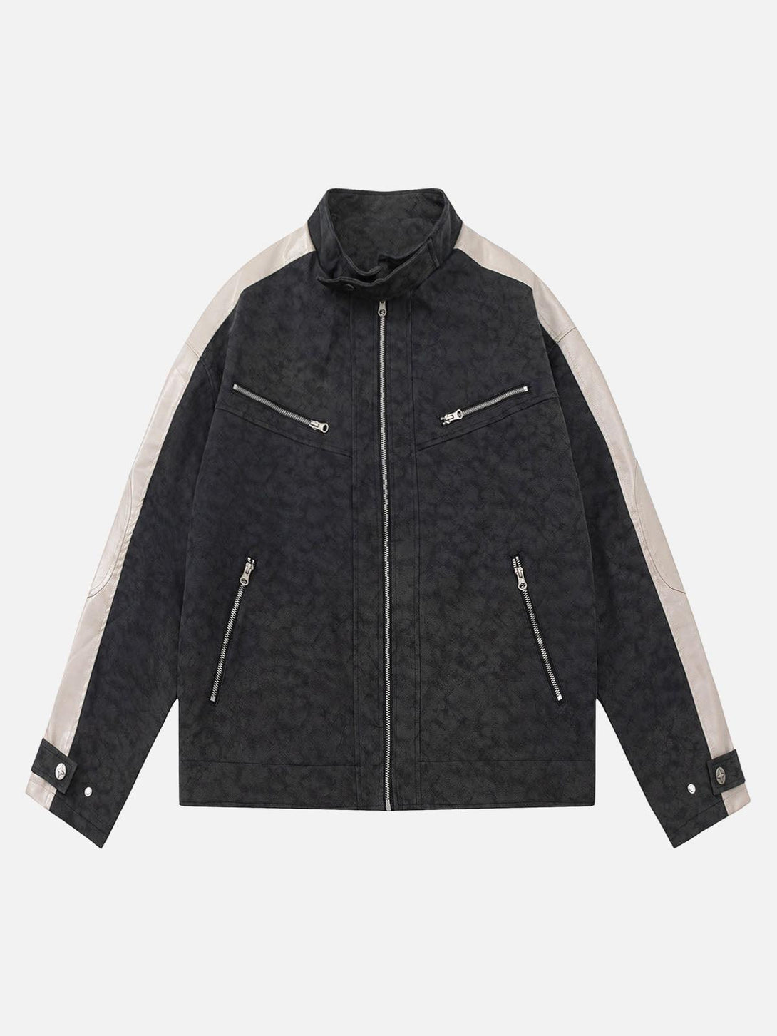 Front view of a black matte PU moto leather jacket by TALISHKO with stylish zip details.