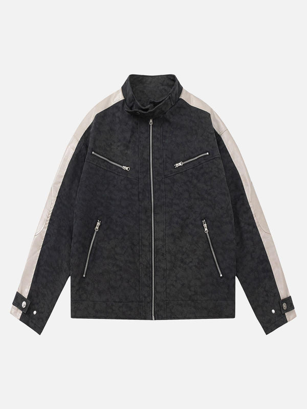 Front view of a black matte PU moto leather jacket by TALISHKO with stylish zip details.