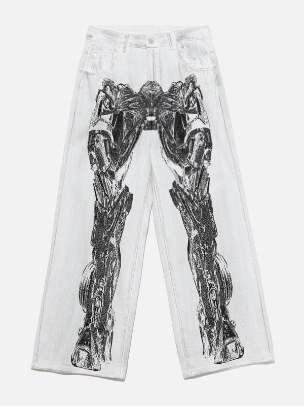 Front view of white Mecha Print Jeans by TALISHKO, featuring bold robotic design.