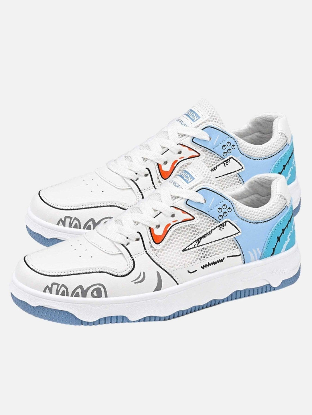 Stylish blue mesh breathable board shoes by TALISHKO, featuring bold graphic accents.