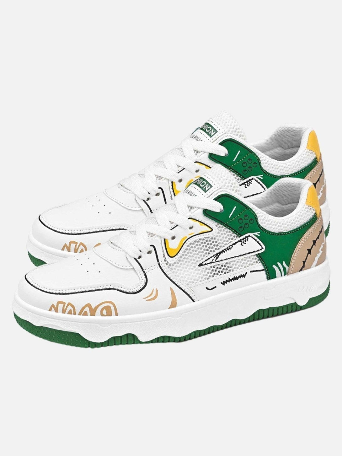 Green mesh board shoes by TALISHKO with playful graphic accents and a stylish front view.