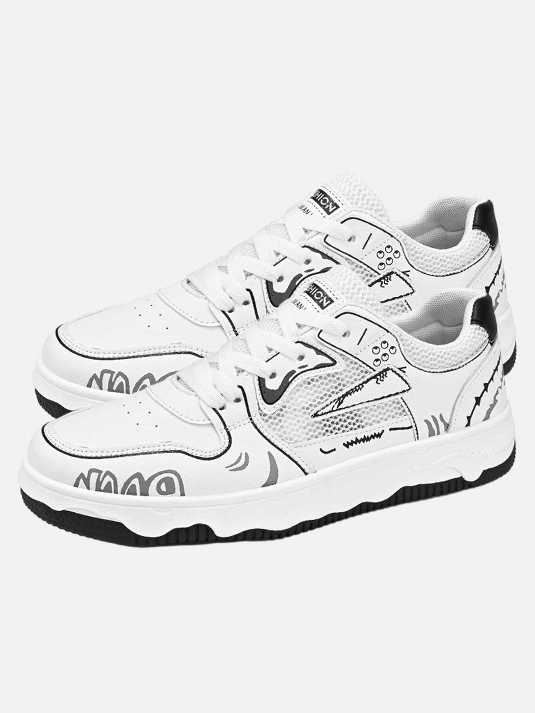 White mesh breathable board shoes by TALISHKO, featuring bold black graphic details.