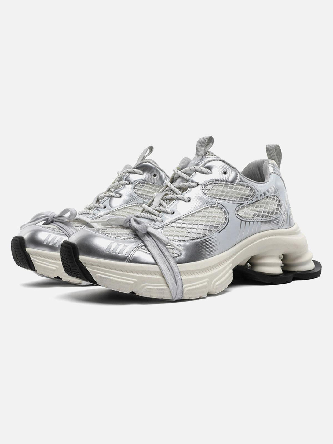 Silver mesh breathable platform sneakers by TALISHKO, front view showcasing modern design.