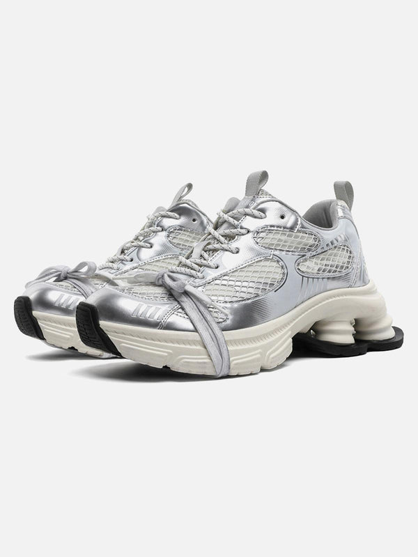 Silver mesh breathable platform sneakers by TALISHKO, front view showcasing modern design.