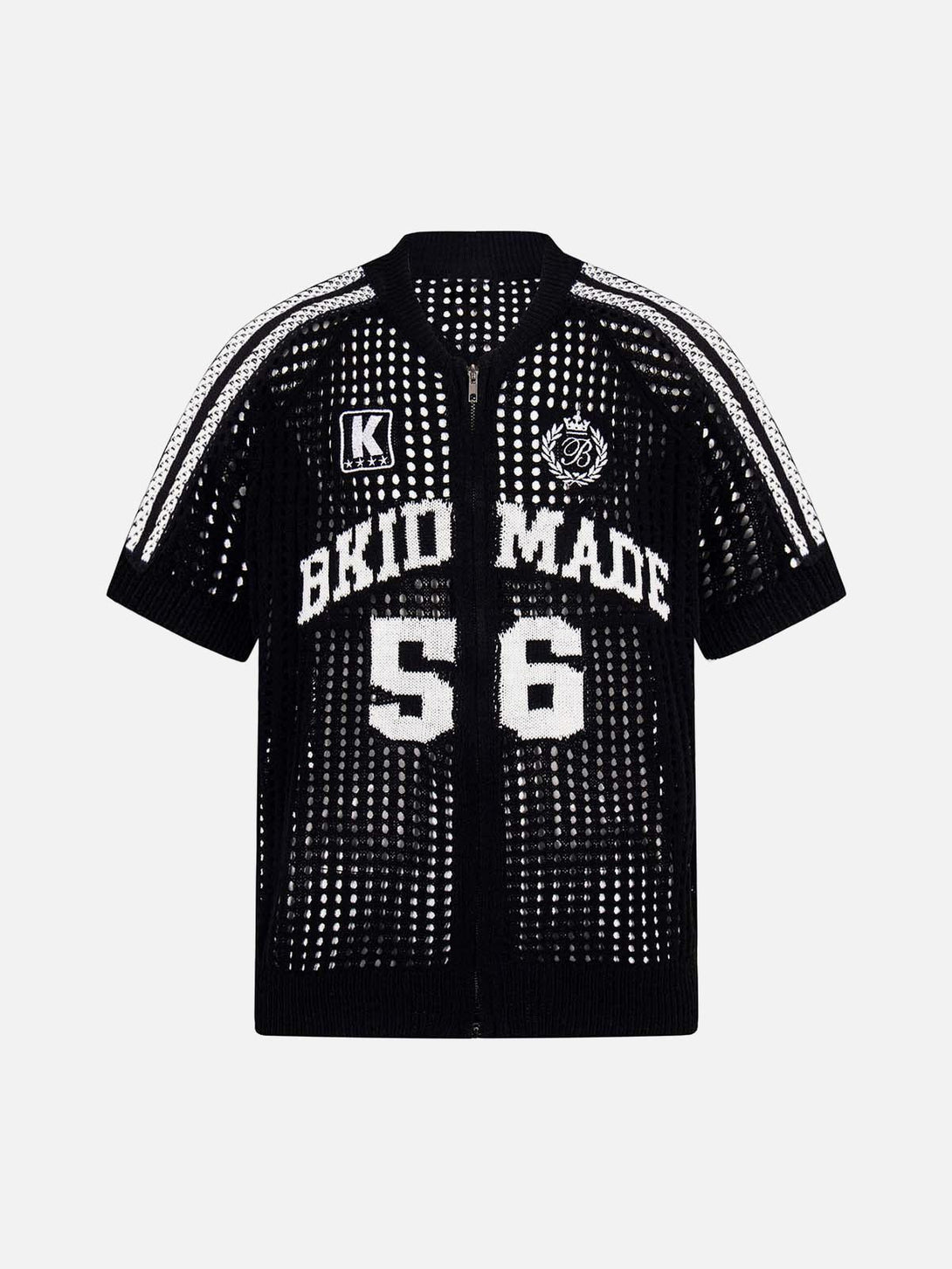 Front view of a black mesh zip-up sports jersey short sleeve shirt by TALISHKO.