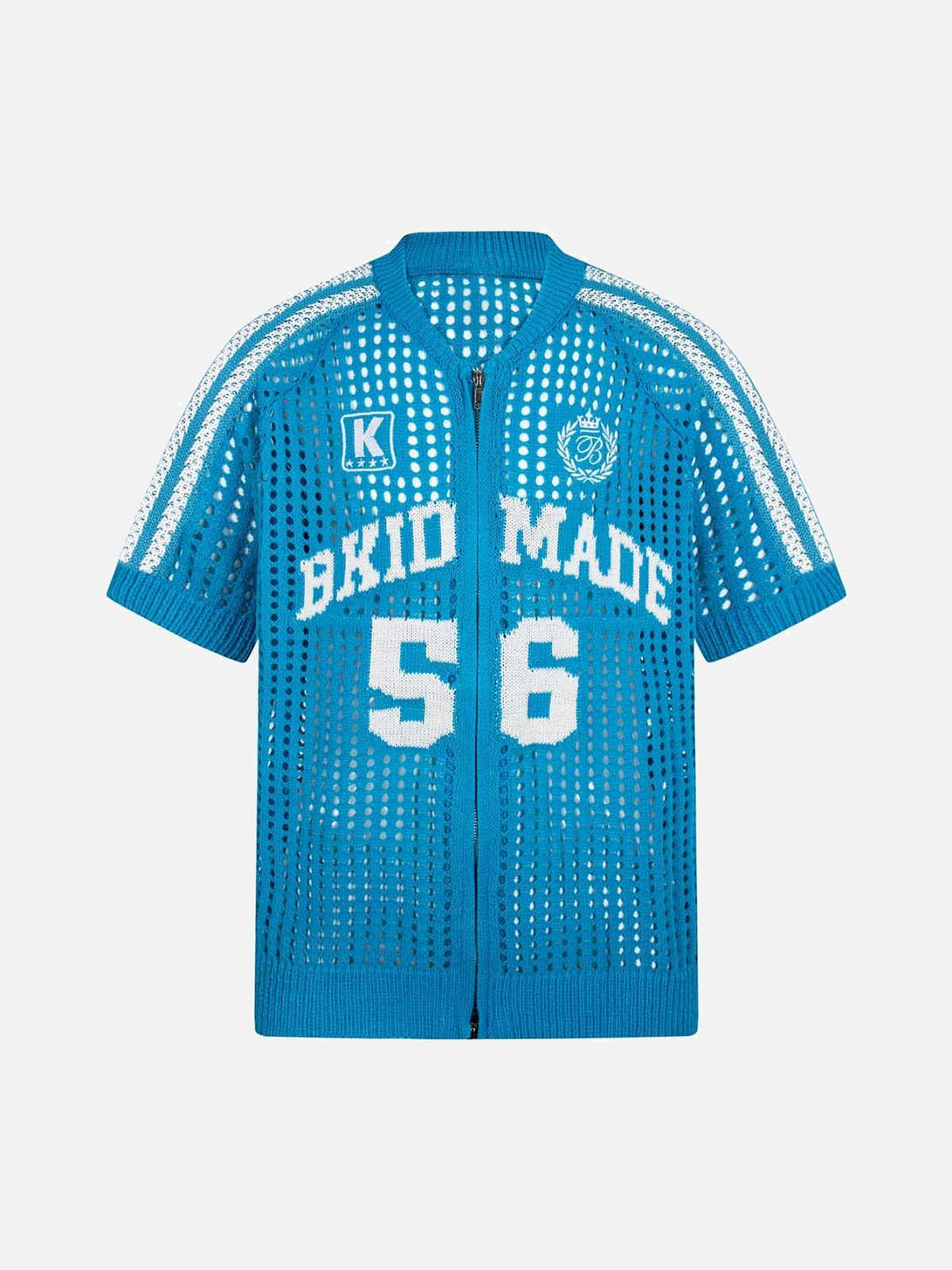 Front view of a blue mesh zip-up sports jersey short sleeve shirt by TALISHKO.